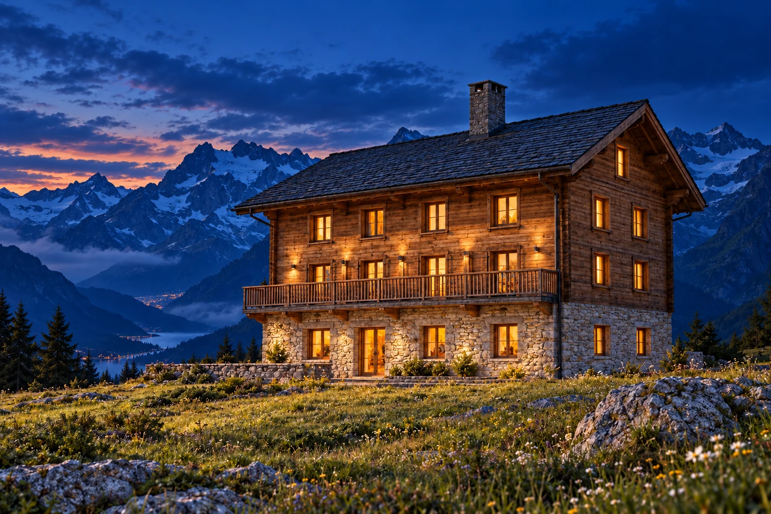 Dasselbe fiktive Haus Weit bei blauer Stunde
