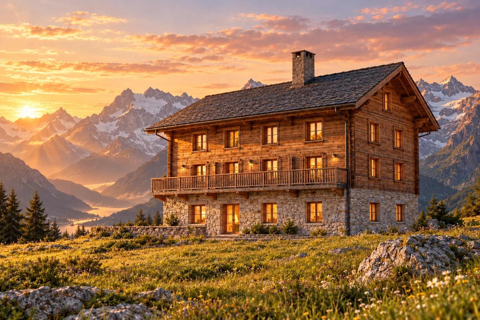 Dasselbe Haus Weit mit warmen Fenstern im goldenen Abendlicht